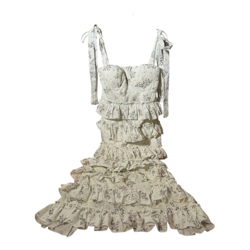 Amable by Mable Layered Dress Womens Size S Ruffle Sleeve Tie Bow Cream